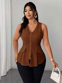 Elenzga Blus Tanpa Lengan Berkerah V, Terbuka Depan, dengan Desain Saku, Model Elegan untuk Wanita Ukuran Plus, Serbaguna untuk Sehari-hari, Musim Semi/Panas, Model Terbaru 2025 - Coklat - View 3