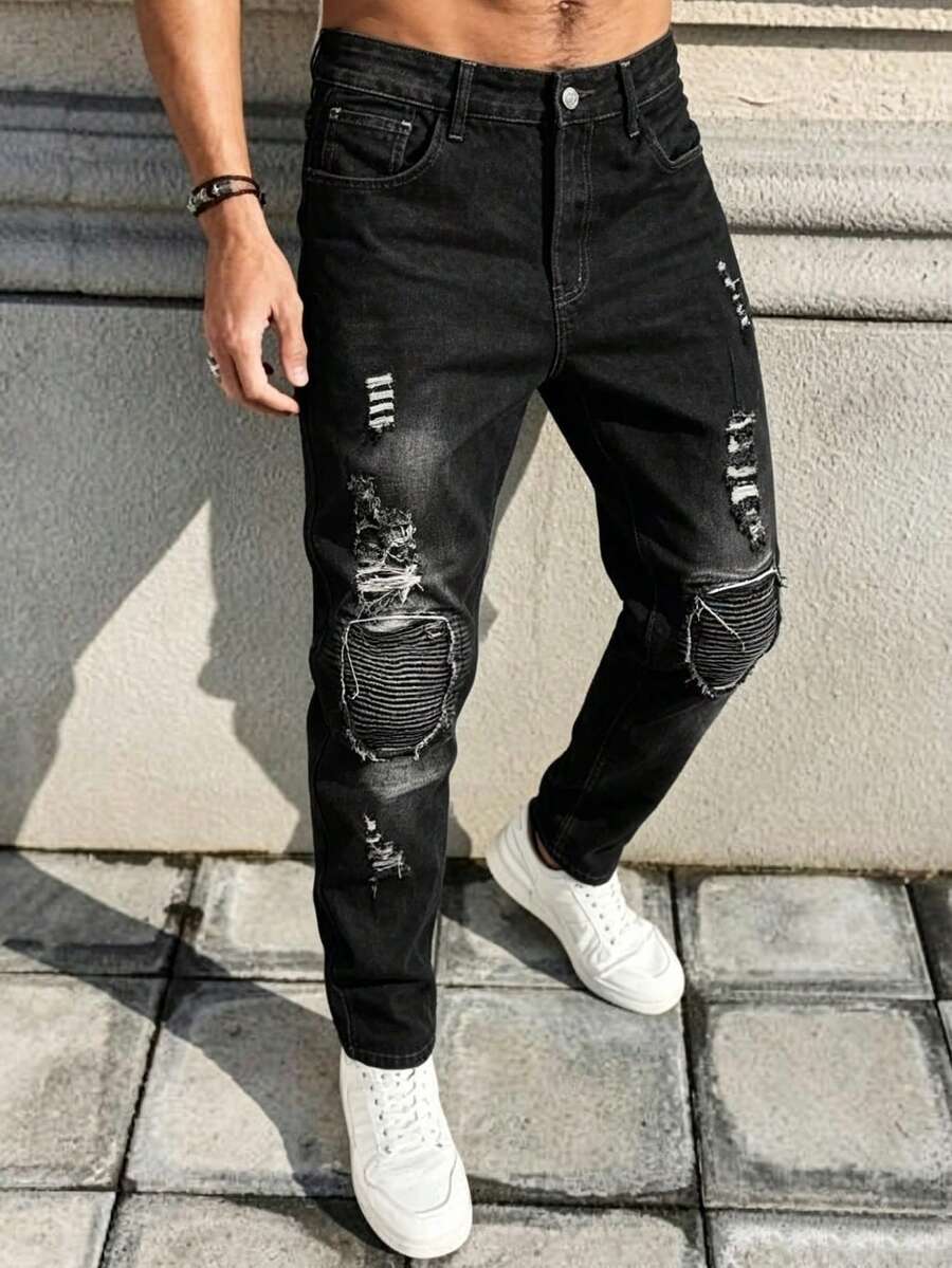 Manfinity LEGND Jeans ajustados de algodón rasgados para hombres, corte slim fit, con efecto desgastado, de color negro liso, para salir con amigos, estilo grunge y rock and roll - Negro - Ver 1