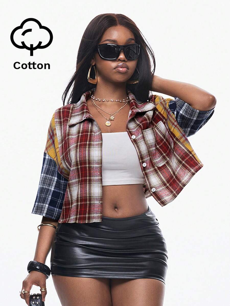 Coolane Women's Summer Chic Casual Streetwear Going Out Vintage Preppy Crop Plaid Loose Crop Tops Shirt - Multicolor - View 1