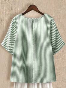 SHEIN LUNE Plus Size Women's Cotton Linen Blue And White Round Neck Front Button 3/4 Sleeve Casual Vacation Shirt Vacation Summer - Green - View 2