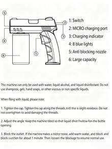 Teckwe 1 buah Pistol Semprot Atomisasi Pengisian Nirkabel 280ML, Semprotan Pemurni Udara Rumah Tangga, Semprotan Disinfeksi Alkohol Rumah Tangga, Cocok Untuk Rumah, Hotel, Penggunaan Sehari-hari, Peralatan Pembersih Portabel, Kapasitas Baterai: 1500mAh (Tidak Termasuk Kabel Data USB) - MultiWarna - View 7