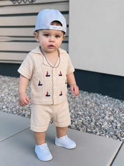 Bubblio 2pcs Baby Boys/Girls Casual Vacation Boat Crochet Texture Lapel Shirt Cardigan And Shorts Set, Comfortable & Versatile