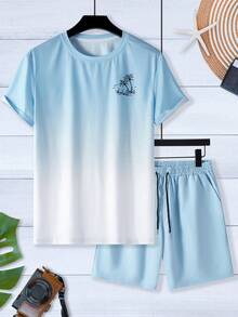 Manfinity RSRT Men's Ombre Graphic Print Round Neck Short Sleeve T-Shirt And Slant Pocket Shorts Casual Set - Multicolor - View 3