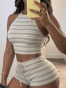 SHEIN SXY 女士性感休闲条纹露脐吊带上衣和短裤套装，夏季 - 彩色 - 查看 5