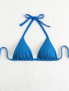 Slaydiva Plus Size Women's Solid Color Halter Bikini Top For Summer Beach Holiday Aqua Blue - Blue - View 5