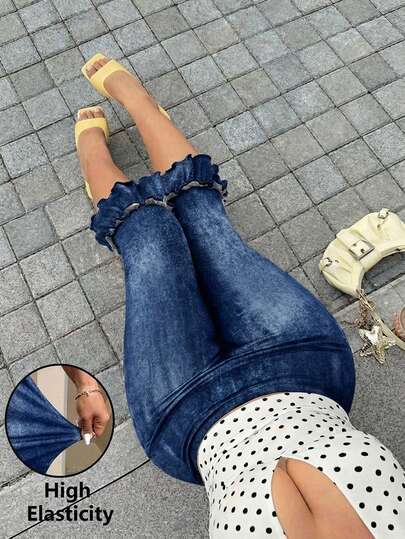 GalTyme Quần legging cỡ lớn in họa tiết giả denim, viền bèo nhún.