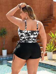 Swim Lushoire White,Summer,Basic,Beach,Holiday,Holiday New Digital Print & Solid Color Tankini Swimsuit Set,Removable Padded,Criss-Cross Back, Side Ruched - Black and White - View 2