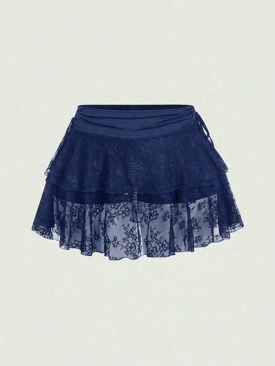 SHEIN MOD 大码女式黑色蕾丝抽绳腰迷你裙,新年、锐舞派对、Y2K风格服装、性感半身裙、西部风女装、夏季女装、乡村风服装、情人节、邮轮度假性感装扮 - 藏蓝色 - 查看 1