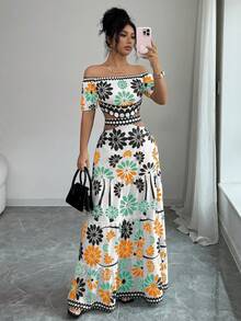 Elenzga Women's Summer Vacation Floral Print Off-Shoulder Hollow Out Dress - Pale Yellow - View 5
