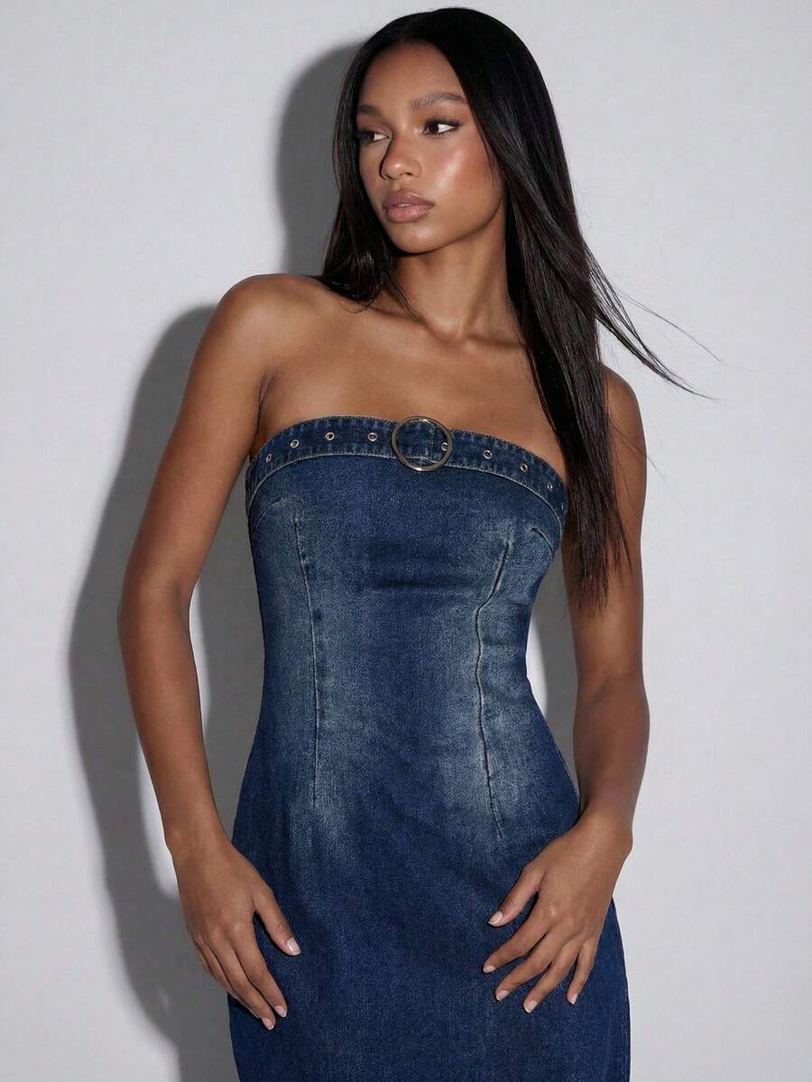 Normani 女士时尚长款牛仔抹胸上衣，带孔眼扣设计