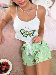 SweetSlumber Cute Y2K Cartoon Avocado Print Bow Decor Fitted Short Women Pajama Set - Multicolor - View 6