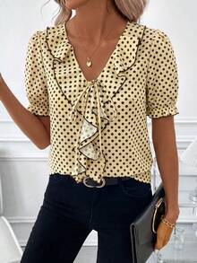 SHEIN Clasi Damen Bluse mit Blütenärmeln, Polka Dot Kontrastbesatz, Rüschenkragen, elegant - Gelb - Übersicht 4