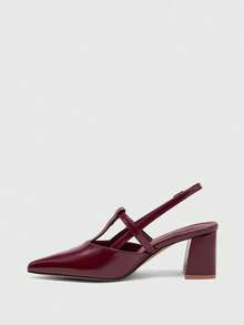 CUCCOO BIZCHIC Sapatos Femininos Bico Fino Bordô em PU com Fivela Metálica, Versáteis para Uso Diário, Moda, Festa, Compras, Festival, Confortáveis, Salto Bloco - Vinho - Visão 3