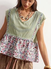 Camiseta sin mangas casual con cuello en V y estampado floral para mujer - Verde - Ver 4