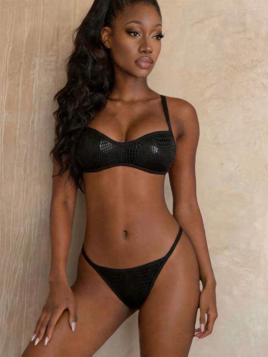 Vaytide Bộ bikini da rắn đen dành cho nữ, thích hợp cho suối nước nóng, bơi lội, kỳ nghỉ, chụp ảnh, bãi biển, tắm nắng, tiệc bể bơi, thời trang, thanh lịch, gợi cảm, tôn dáng, mùa xuân/hè. - màu đen - Xem 1