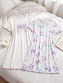 少女甜美粉色蝴蝶印花A字型两件套短袖长款睡裙家居服套装 - 彩色 - 查看 7
