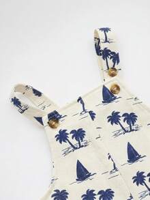 Cozy Pixies Baby Boy Solid Color Soft Knit Crew Neck Short Sleeve Top And Coconut Tree Pattern Bib Shorts 2-Piece Set - Blue - View 8