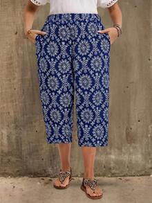 EMERY ROSE Plus Size Casual All-Over Print Conical Pants,Country Vacation Outfits Woman,Simple And Fashionable For Everyday Wear,Summer Tops Women,Summer - Navy Blue - View 5