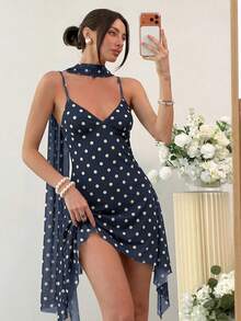 Aloruh Vestido mini de tirantes finos con estampado de lunares de moda para mujer - Azul Marino - Ver 5