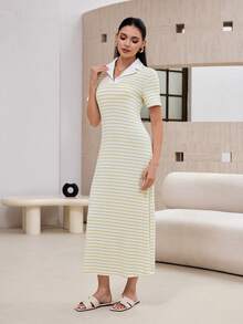 Modelyn Vestido feminino casual estilo executivo, listrado em amarelo e branco, comprimento midi com gola branca. - Amarelo - Ver 6