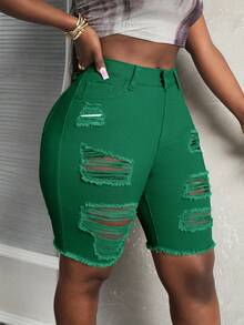 Slaydiva Women's Solid Color Distressed Slim Fit Denim Shorts - Green - View 8
