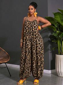 Slaydiva Plus Size Women Leopard Print Pocketed Wide Leg Jumpsuit - Brown - View 5