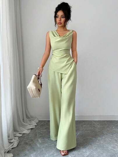 Elenzga Women's Elegant Sleeveless Metal Decor Scoop Neck Cinched Waist Simple Solid Color Top And Wide Leg Pants 2-Piece Set, Suitable For Beach, Everyday And Home Wear, Spring/Summer