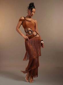 Hauture Women's Sexy One-Shoulder Asymmetrical Neck Fringe Tassel Layered Maxi Dress Bamboo Ring Decor - Rust Brown - View 4