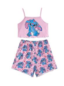 Elladie kids 【随机2套，共5套】女童甜美可爱优雅休闲舒适柔软亲肤春夏针织面料多色卡通兔子、爱心、花卉印花、涂鸦无袖吊带背心和短裤睡衣四件套 - 彩色 - 查看 10