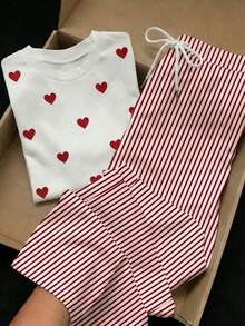 SHEIN EZwear 两件套：刺绣圆领短袖上衣和条纹印花长裤，休闲款 - 彩色 - 查看 1