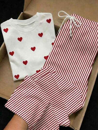 SHEIN EZwear 两件套：刺绣圆领短袖上衣和条纹印花长裤，休闲款