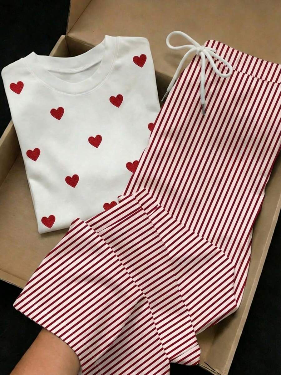 SHEIN EZwear 两件套:刺绣圆领短袖上衣和条纹印花长裤,休闲款 - 彩色 - 查看 1