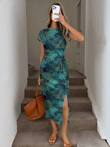 SHEIN LUNE Đầm midi không tay dáng suông, họa tiết paisley màu xanh đậm, kiểu dáng tối giản, thanh lịch, thắt eo xoắn, xẻ tà cao, chất liệu dệt kim mềm mại, thích hợp mặc đi sinh nhật, tập thể dục, dự tiệc cưới hoặc đi làm. - Nhiều màu - Xem 8