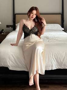 Dazy Plus 大码女士优雅性感蕾丝拼接吊带裙，撞色设计，春夏睡裙 - 杏色 - 查看 7