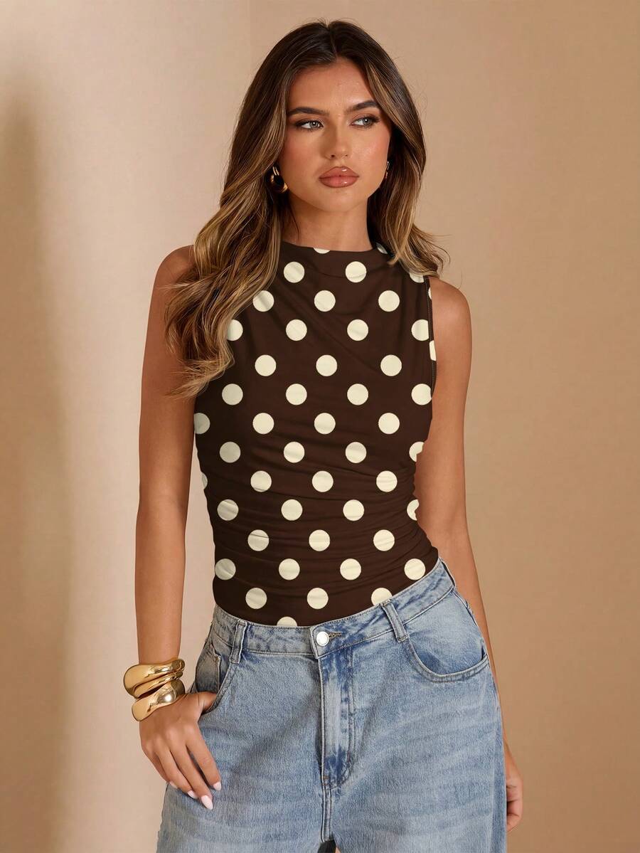 SHEIN BAE Áo liền thân không tay cổ đứng xếp ly dành cho nữ mùa thu - màu nâu - Xem 1