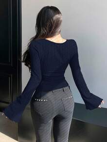 DAZY Cross Detail Long Sleeve T-Shirt - Navy Blue - View 2