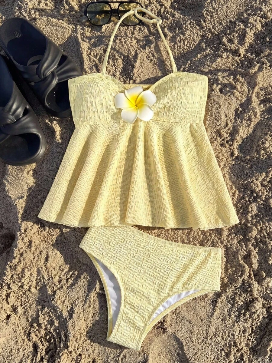 SHEIN 青少年女孩紋理針織黃色掛脖式分體式泳衣套裝 休閒海灘度假 3D花朵裝飾 - 黃色 - 查看 1