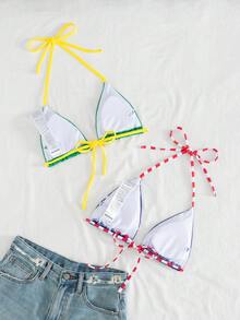 Swim Vcay 女士派对、户外、夏季海滩简约休闲度假性感风格。巴西花卉印花、美国花卉印花。针织露背吊带三角罩杯设计。两件套女士泳衣上装，完美适用于海滩、游泳池、音乐节和其他场合。 - 彩色 - 查看 2