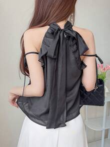 FRIFUL Women's Summer Solid Color Ruched Ruffle Tie-Front Bow Knot Casual Elegant Blouse School Cute Tops Party Date Night Black - Black - View 5