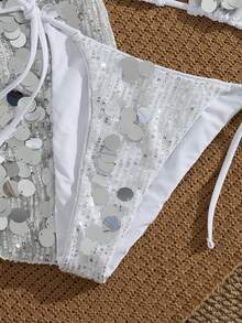 Swim SXY Bộ đồ bơi 3 món mùa hè dành cho nữ, áo bikini tam giác đính sequin gợi cảm, quần bikini tam giác buộc dây bên hông và chân váy mini đính sequin. - trắng - Xem 4