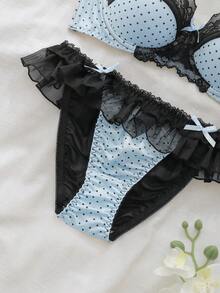 DelicateAllure Polka Dot Mesh Patchwork Lace Lingerie Set - Baby Blue - View 6