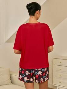 Betty Boop x SHEIN Women's Casual Cartoon Portrait Pattern Round Neck Short Sleeve T-Shirt And Shorts Pajama Set, Summer - Red - View 2
