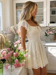 SHEIN MOD Đầm maxi tay phồng xếp ly màu mơ dành cho nữ - Màu be - Xem 7