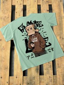 Lornexis Men's Fashion Cartoon Character Print Round Neck Short Sleeve T-Shirt - Mint Green - View 5