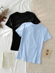 Set de 2 camisetas básicas de cuello redondo de manga corta, estilo casual y minimalista, en negro y marrón oscuro, para primavera/verano - Multicolor 14 - Ver 8