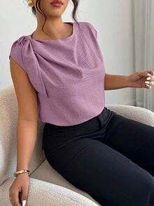 Elenzga Elegant Purple Autumn Sleeveless Linen-Cotton Shirt,Formal Plus-Size Blouse With Shoulder Ties,Stylish Streetwear Office Top For Spring & Summer - Purple - View 5