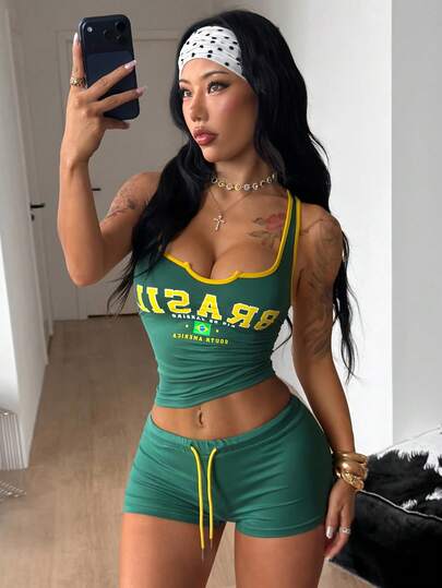 Coolane Women's Summer Music Festival Streetwear Party Going Out Rave Outfit Casual Holiday Vacation Basic Y2k Cotton Brazil Graphics Stretchy Comfortable Color-Blocked Green Slim Fit Tank Tops And Boxer Shoets Lounge Sets Workout Sets Two Pieces Outfits