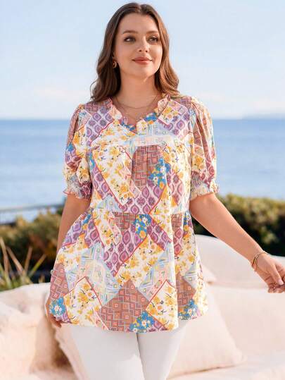 Rosumi Camisa casual versátil de uso diario con estampado total para mujer de talla grande
