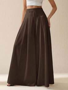 SHEIN Tall 女士纯色褶裥口袋宽松阔腿裤 - 棕色 - 查看 4
