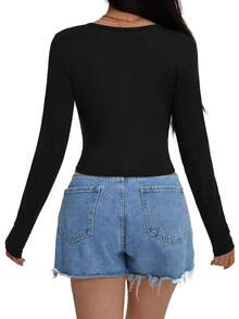 EMERY ROSE Camiseta corta sólida. Camiseta de manga larga para mujeres - Negro - Ver 2